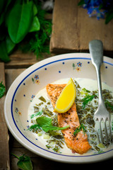 salmon with sauce from a sorrel.