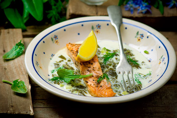 salmon with sauce from a sorrel.
