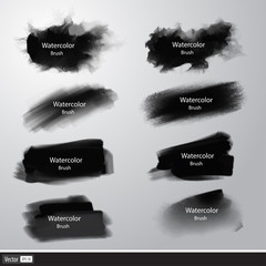 Vector set black watercolor paint brushes. Artistic strokes.