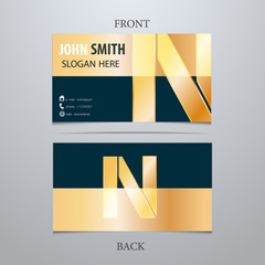 Vector gold metallic business card template, letter N. 