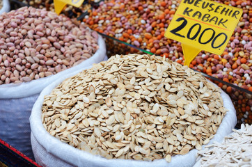 Pumpkin seeds and nuts at spicy bazaar in Turkey