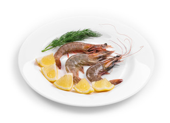 Raw shrimps on white plate.