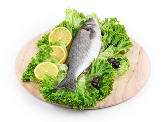 Fresh seabass fish on lettuce.