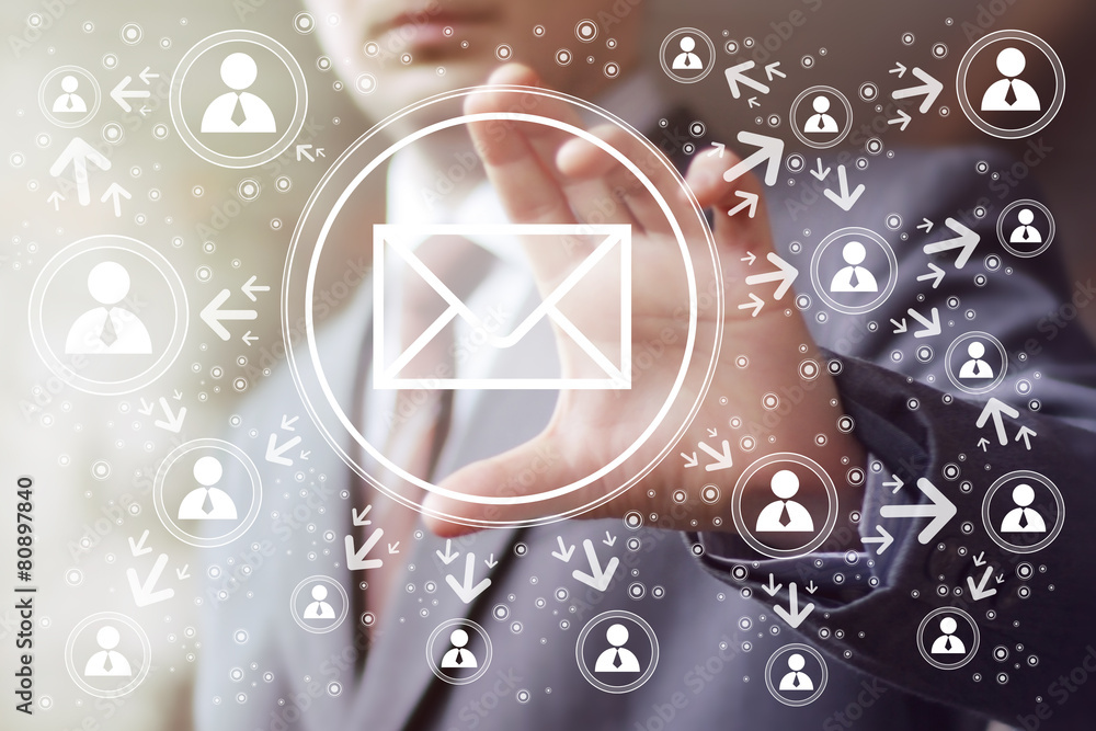 Poster businessman pressing button messaging mail sending online.