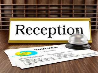 Hotel reception, service bell and voucher
