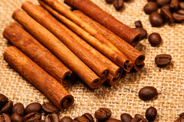 Cinnamon stick and coffee beans