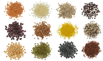 Collection Set of Cereal Grains and Seeds Heaps