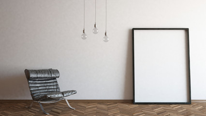 Wooden frame with bulbs and leather armchair