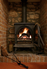 Wood burning stove in fireplace