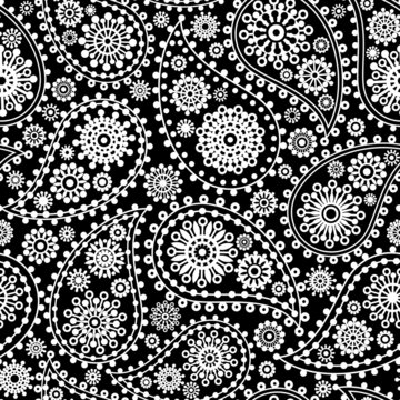 seamless pattern with paisley ornament on black background