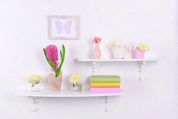 Flower on shelves on white wall background