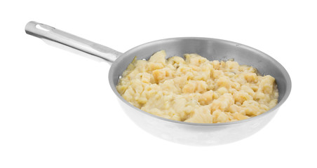 Potato and leek soup cooking in sauce pan