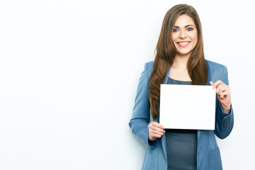 Naklejka premium business woman isolated portrait with white blank card.