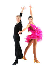 Beautiful couple of professional artists dancing isolated on white