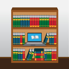 Book shelf with laptop online library