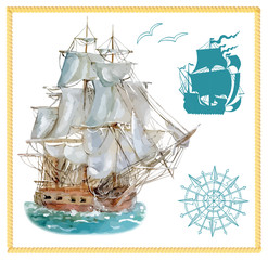 Sea set with sailing ship and silhouettes