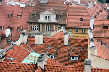 High angle view of tile roofs in Prague, Czech Republic.