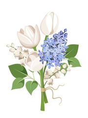 Bouquet of tulips, lilac flowers and lily of the valley. Vector.