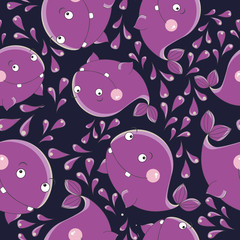 Funny whale, vector seamless pattern.