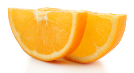 Juicy slices of orange isolated on white