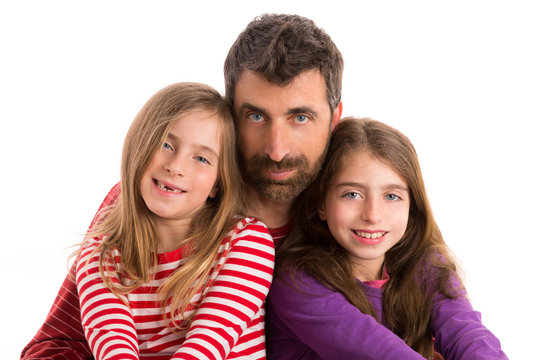Happy family beard father and two daughters