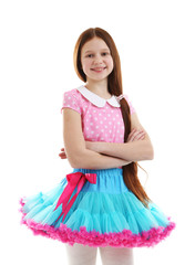 Beautiful little girl wearing cute pettiskirt, isolated on white