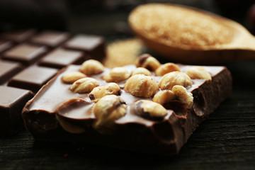 Still life with set of chocolate with nuts, closeup