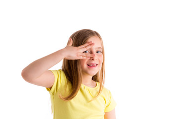 Fototapeta premium Blond indented kid girl hiding eyes with fingers