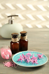 Beautiful spa composition with hyacinth flowers, close up