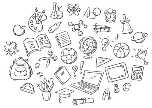 Set of Simple Cartoon School Things, Black and White Outline