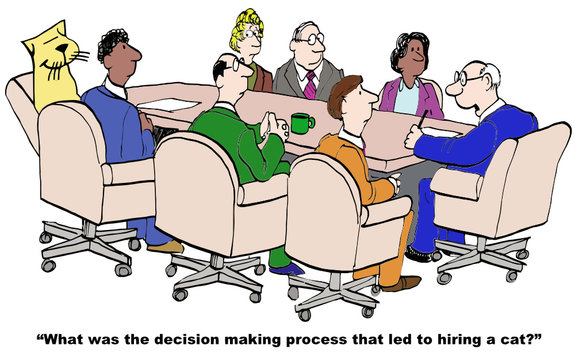 Cartoon of business boss curious about decision process
