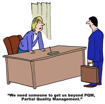 Cartoon of businesswoman and Total Quality Management.