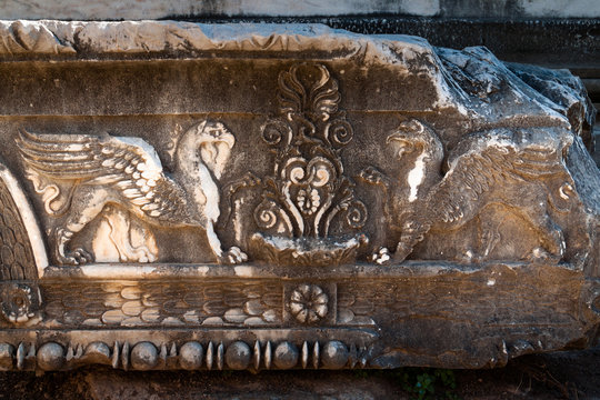 Griffons, carved in stone of ancient temple, Didyma, Turkey