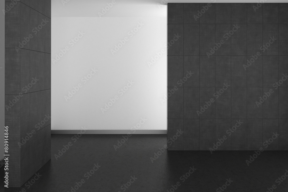 Poster empty modern bathroom with gray tiles and dark floor