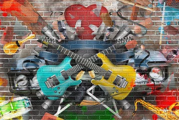 Abwaschbare Fototapete Graffiti Collage aus Musik, Farbe und hellem musikalischem Hintergrund