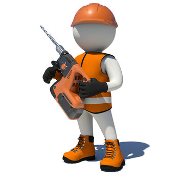 White man in vest, shoes and helmet holding electric perforator