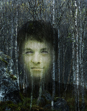 Doppelbelichtung Portr&auml;t im Wald