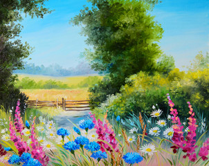 Fototapety  Oil Painting - field with flowers and forest abstract drawing