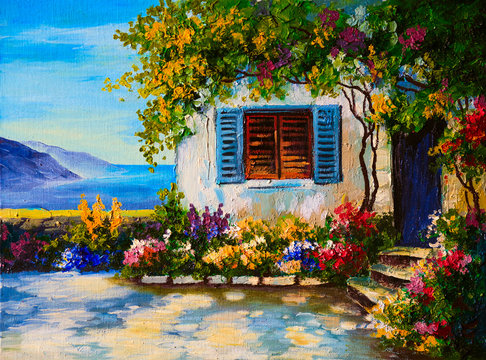 Oil painting on canvas of a beautiful houses near the sea, abstr