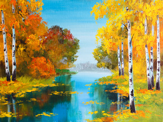 Obraz premium oil painting landscape - birch forest near the river