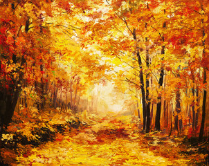 Obrazy  Obraz olejny pejzaż - kolorowy jesienny las