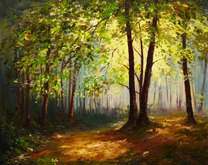 Fototapety  Obraz olejny pejzaż - letni las, kolorowa sztuka abstrakcyjna