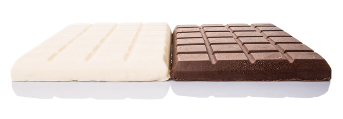 White and dark brown chocolate bars over white background
