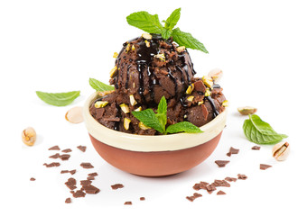 Chocolate ice cream decorated with mintand sauce