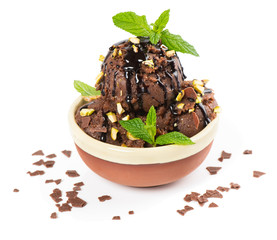Chocolate ice cream with nut and mint