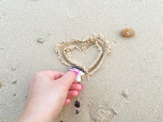 drawing heart on beach.