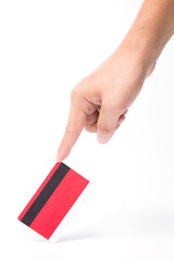 Hand touch on red credit card
