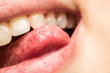 Woman Natural Lips Sticking Out Tongue Macro