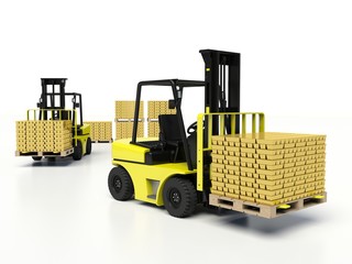 Forklift trucks carrying gold bars.