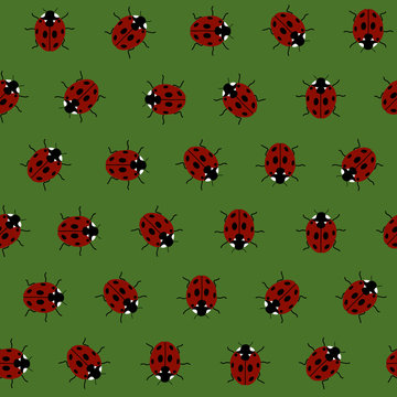 Seamless Pattern with Red Ladybugs and Ladybirds on Green.
